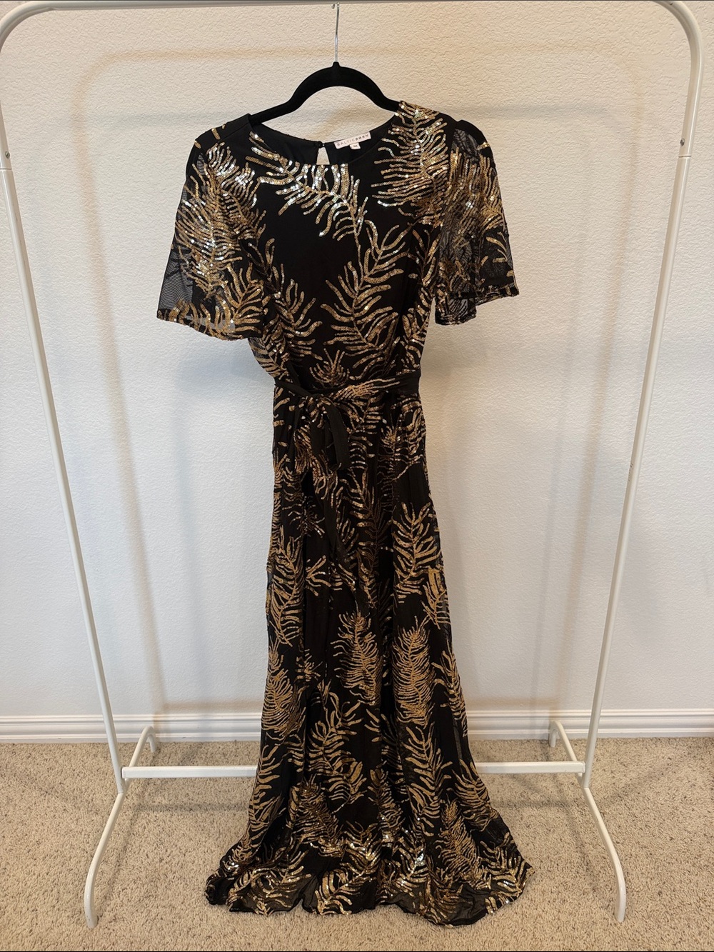 Baltic Born Black Maxi Dress with Gold Leaf Sequin Pattern